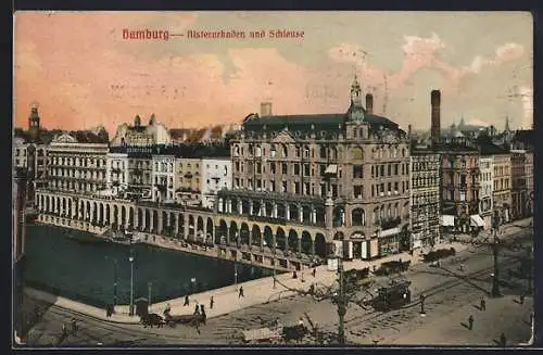 AK Hamburg, Alsterarkaden und Schleuse mit Strassenbahn