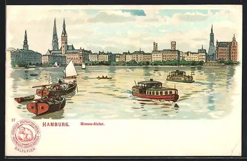 Lithographie Hamburg-Neustadt, Boote auf der Binnenalster