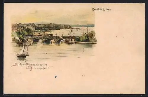 Lithographie Hamburg-Neustadt, Blick auf Lombardsbrücke und Aussenalster