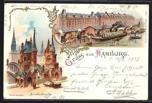 Lithographie Hamburg, Uferpartie mit Dampfern und Lagerhäusern, Brooksbrücke