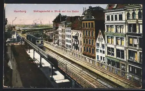 AK Hamburg, Rödingsmarkt mit U-Bahn und Blick auf den Hafen