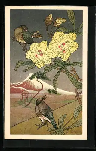 AK Vögel auf einem Zweig mit gelben Blüten, Jugendstil