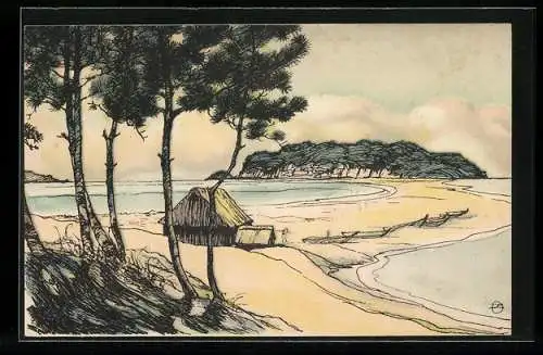 Künstler-AK Enoshima, Kleines Haus in einsamer Wasserlandschaft