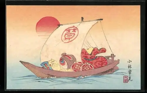 Künstler-AK beladenes Segelboot im Sonnenuntergang, Japanische Kunst