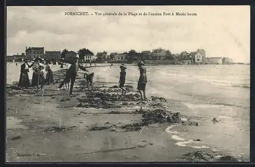 AK Pornichet, Vue générale de la Plage et de l`ancien Fort à Marée haute