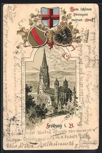 Passepartout-Lithographie Freiburg i. B., Münster von oben, Stadtwappen