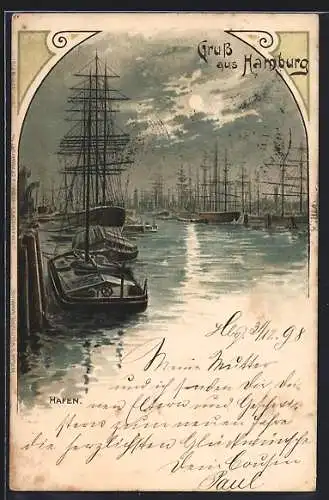 Lithographie Hamburg, Hafen, Segelschiffe bei Vollmond