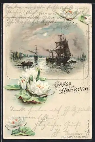 Lithographie Hamburg, Hafenpartie mit Segelschiffen und Ruderboot