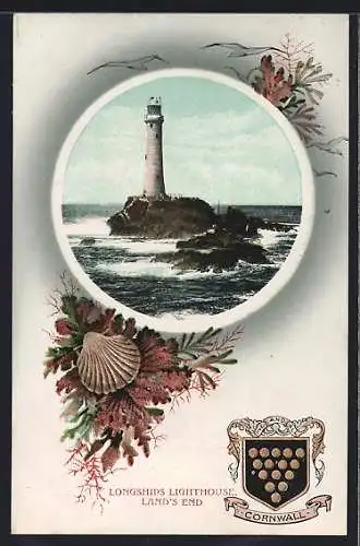 AK Land`s End, Longships Lighthouse, Cornwall-Wappen, Leuchtturm