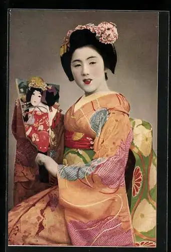 AK Geisha mit Fächer in der Hand, Portrait