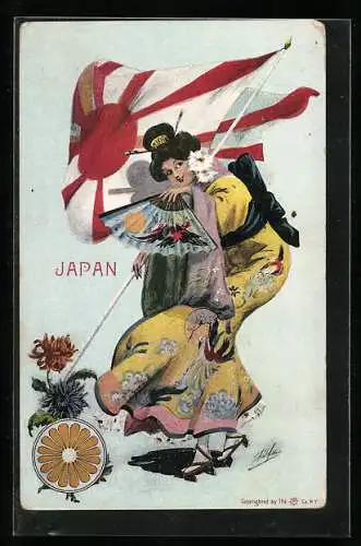 AK Geisha mit Handfächer und japanischer Flagge