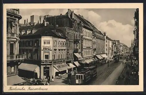 AK Karlsruhe, Strassenbahn in der Kaiserstrasse