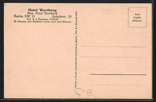 AK Berlin-Kreuzberg, Speisesaal des Hotel Wartburg in der Anhalterstr. 13