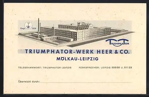 AK Leipzig-Mölkau, Triumphator-Werk Heer & Co. aus der Vogelschau, Werbekarte