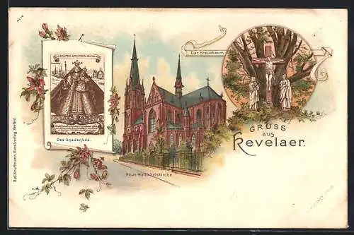 Lithographie Kevelaer, Neue Wallfahrtskirche, Gnadenbild, Kreuzbaum