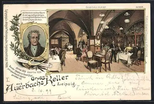 Lithographie Leipzig, Gasthaus Auerbach`s Keller, Goethezimmer, Goethe 1830