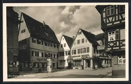 AK Bönnigheim, Marktplatz mit Geschäftshaus Hermann Bechtel und Gasthaus