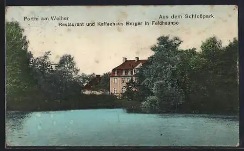 AK Bottrop-Feldhausen, Schlosspark, Restaurant-Kaffeehaus Berger, vom Weiher gesehen