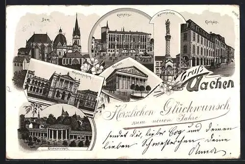 Lithographie Aachen, Kurhaus, Mariensäule, Elisenbrunnen