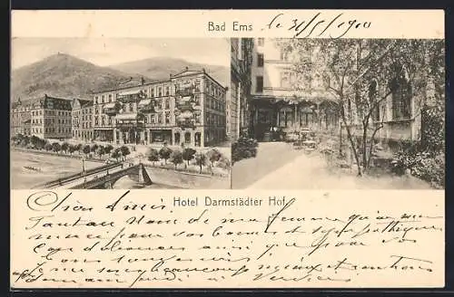 AK Bad Ems, Hotel Darmstädter Hof mit Brücke aus der Vogelschau, Hofansicht