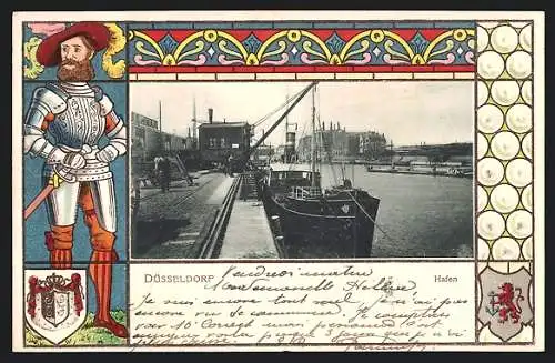 Lithographie Düsseldorf, Hafen, Ritter in Rüstung, Wappen, Passepartout