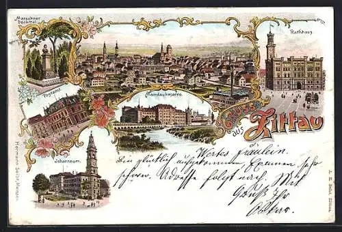 Lithographie Zittau, Rathaus, Mandaukaserne, Johanneum, Postamt, Marschner Denkmal