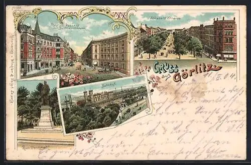 Lithographie Görlitz, Platz am Bahnhof mit Berliner Strasse, Bahnhof & Roon Denkmal