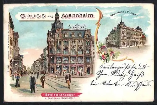 Lithographie Mannheim, Kaiserl. Postamt, Breitestrasse mit Kaufhaus Schmoller