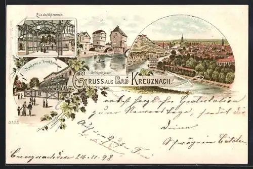 Lithographie Bad Kreuznach, Elisabethbrunnen, Kurhaus und Trinkhalle, Totalansicht