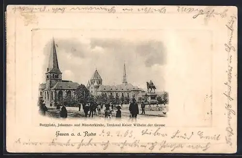 Präge-AK Essen a. d. Ruhr, Johannes- und Münsterkirche am Burgplatz und Denkmal Kaiser Wilhelm der Grosse