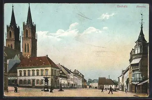 AK Oschatz, Altmarkt mit Geschäften und Kirche