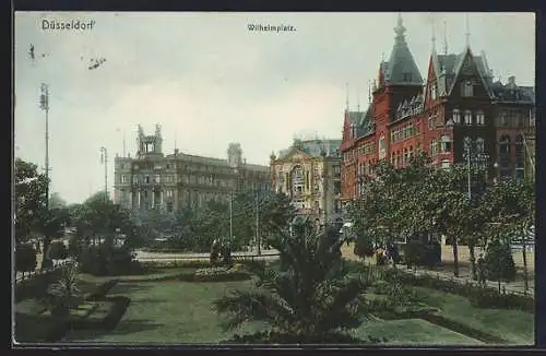 AK Düsseldorf, Wilhelmplatz mit Geschäft von Emil Hess und Strassenbahn