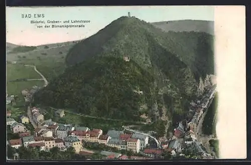 AK Bad Ems, Bäderlei, Graben- und Lahnstrasse von der Bismarckpromenade aus