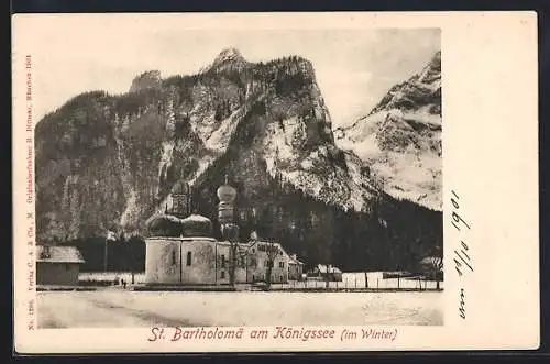 AK St. Bartholomä am Königssee, Ortspartie mit Kirche im Winter