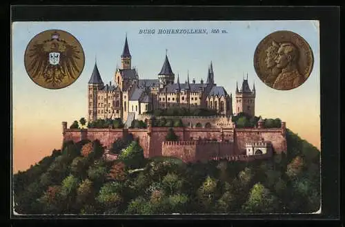 AK Hohenzollern, Burg mit Wappen und Münze mit Auguste Victoria und Wilhelm II