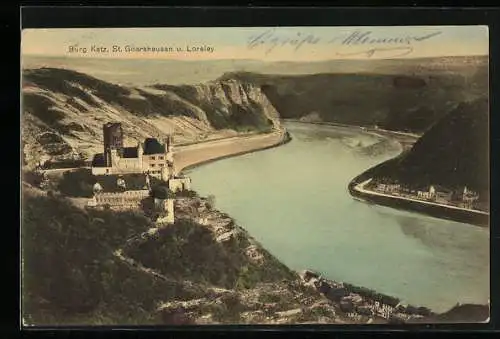 AK St. Goarshausen, Panorama mit Burg Katz und Loreley