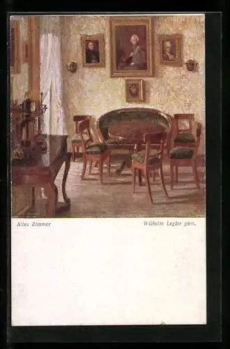 Künstler-AK Brüder Kohn (B.K.W.I) Nr. 2115: Altes Zimmer, Blick auf ein Esstisch und eine Wand mit Gemälden