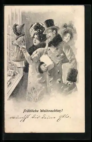 Künstler-AK Brüder Kohn (B.K.W.I) Nr. 2002 /5: Ein Ehepaar mit Kind an einem Schaufenster, Weihnachtskarte