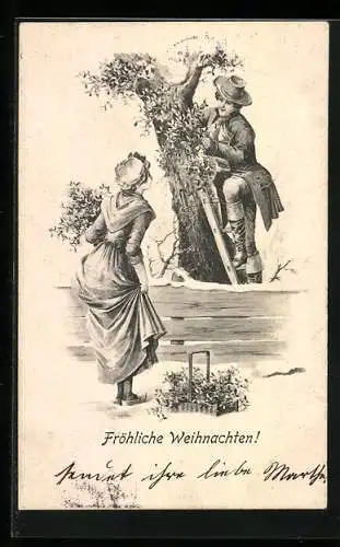 Künstler-AK Brüder Kohn (B.K.W.I) Nr. 2001 /2: Mann klettert auf einen Baum, um mit einer Frau zu reden