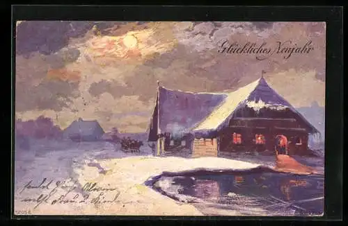 Künstler-AK Brüder Kohn (B.K.W.I) Nr. 2640-4: Ein Gasthaus im Schnee, Neujahrskarte