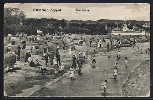 AK Zoppot /Ostsee, Strandleben aus der Vogelschau