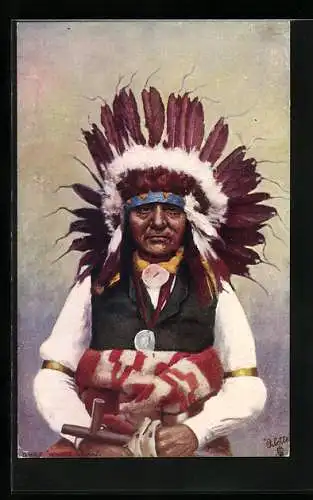 AK Indianer Chief White Swan in volkstypischer Tracht und Federschmuck