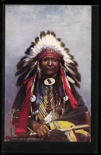 AK Indian Chiefs - Black Chicken, Portrait mit Federschmuck