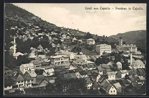 AK Cajnice, Teilansicht mit Bergpanorama aus der Vogelschau