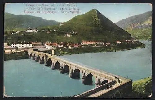 AK Visegrad, Alte Brücke mit Orts- u. Bergblick aus der Vogelschau