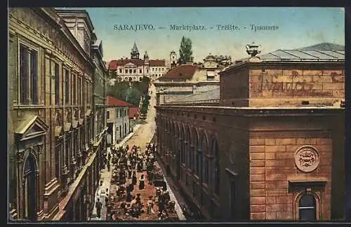 AK Sarajevo, Marktplatz mit Markttreiben aus der Vogelschau