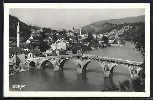 AK Konjic, Totalansicht mit Brücke, Minaretten und Kirche