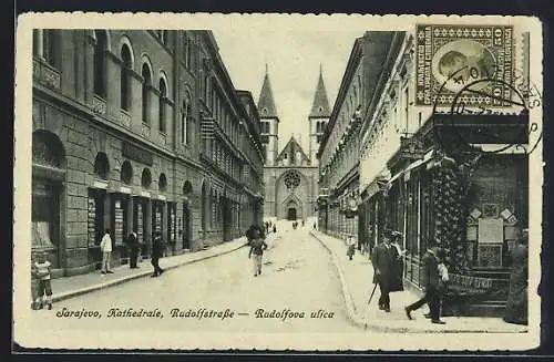 AK Sarajewo, Kathedrale, Rudolfstrasse, Strassenpartie mit Textil-Geschäft