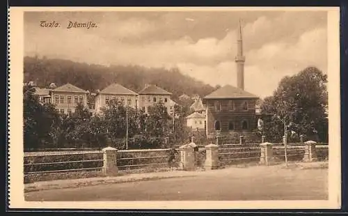 AK Tuzla, Dzamija, Panorama mit Minarett von der Strassen aus