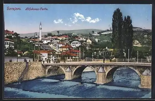 AK Sarajevo, Alifakovac-Partie mit Brücke und Ortsansicht